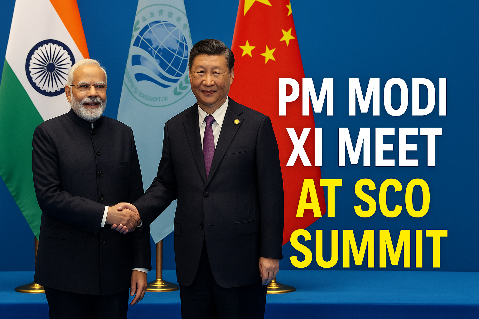 PM Modi shaking hands with President Xi Jinping at SCO summit with Indian and Chinese flags in background