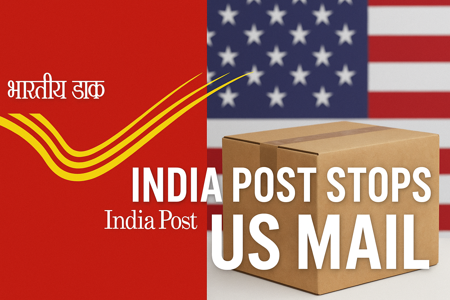 India Post logo with American flag and cardboard box, highlighting news about India Post stopping mail services to the US