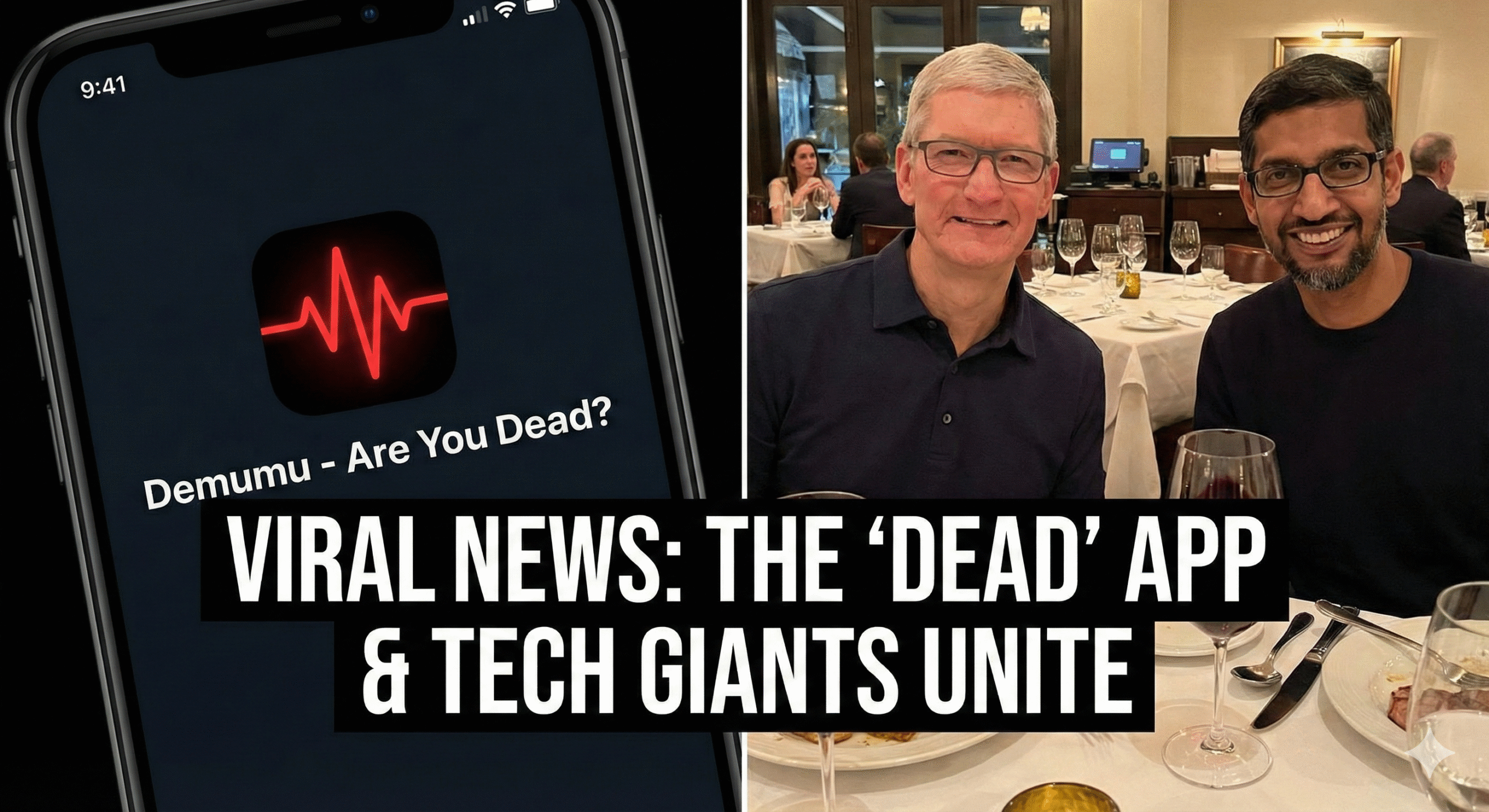 Split-screen collage featuring the interface of the 'Demumu' app with a red heartbeat logo on a smartphone (left) and Apple CEO Tim Cook dining with Google CEO Sundar Pichai (right), overlaid with text reading 'VIRAL NEWS: THE DEAD APP & TECH GIANTS UNITE'.